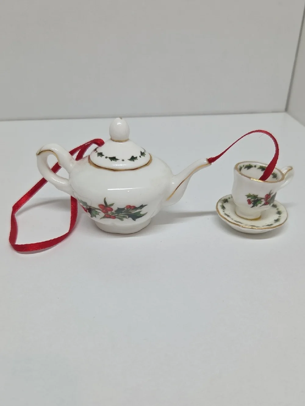 Miniature Porcelain Teapot & Teacup Ornament — White with Holly Red Ribbon